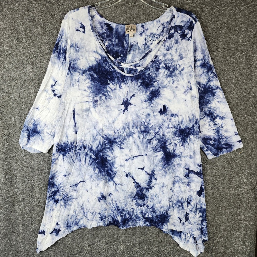 Como Vintage Tunic Womens 1X Blue White Tie Dye Strappy V-Neck EUC